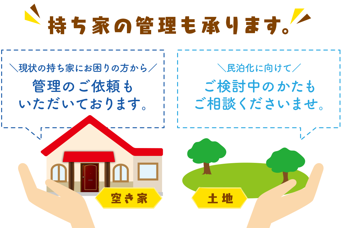 持ち家の管理も承ります。＼現状の持ち家にお困りの方から／管理のご依頼もいただいております。＼民泊化に向けて／ご検討中のかたもご相談くださいませ。